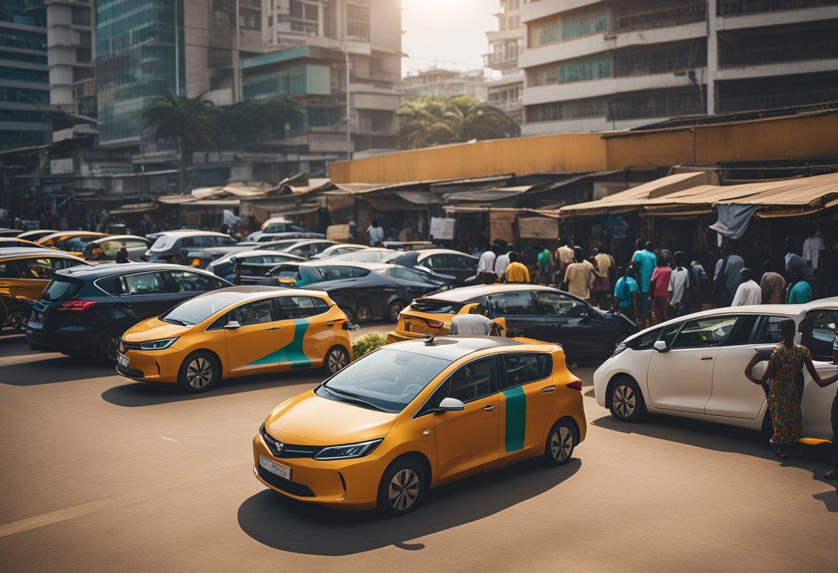 A bustling Ghanaian street with colorful electric vehicles, charging stations, and eager entrepreneurs. The sun sets behind a backdrop of urban development and renewable energy infrastructure