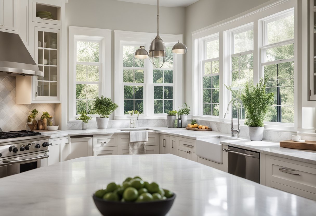 A bright, spacious kitchen with sleek, white cabinets, marble countertops, and stainless steel appliances. A large window lets in natural light, illuminating the cozy breakfast nook