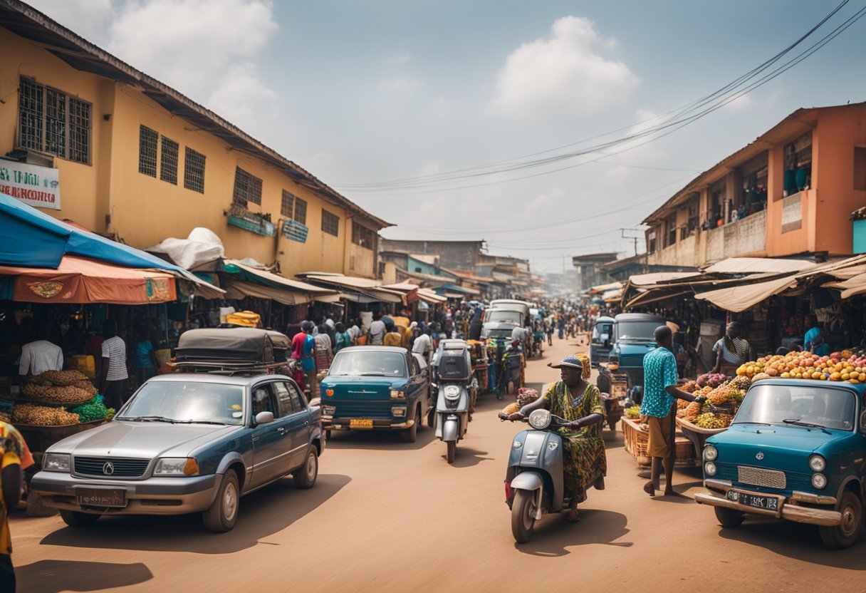 The bustling streets of Accra, Ghana, with colorful market stalls and crowded roads. A mix of traditional and modern architecture, with electric vehicles navigating through the city's vibrant energy