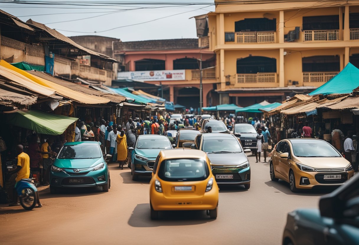 A bustling Ghanaian city street with electric vehicles and charging stations, surrounded by vibrant market stalls and colorful buildings