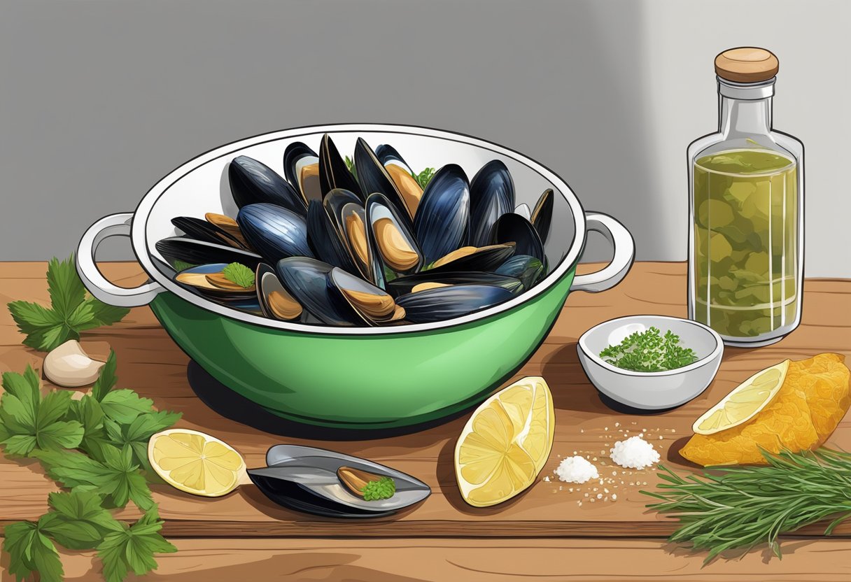A bowl of green lipped mussels simmering in a fragrant broth, surrounded by fresh herbs and spices. A chef's knife and cutting board sit nearby, ready for preparation