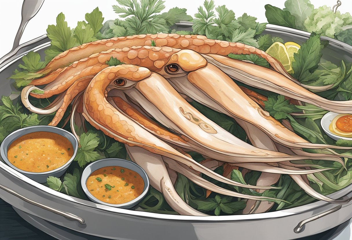 A giant squid is being prepared in a Singaporean kitchen with a mix of local spices and fresh herbs. The chef expertly slices the tentacles before marinating them in a fragrant sauce