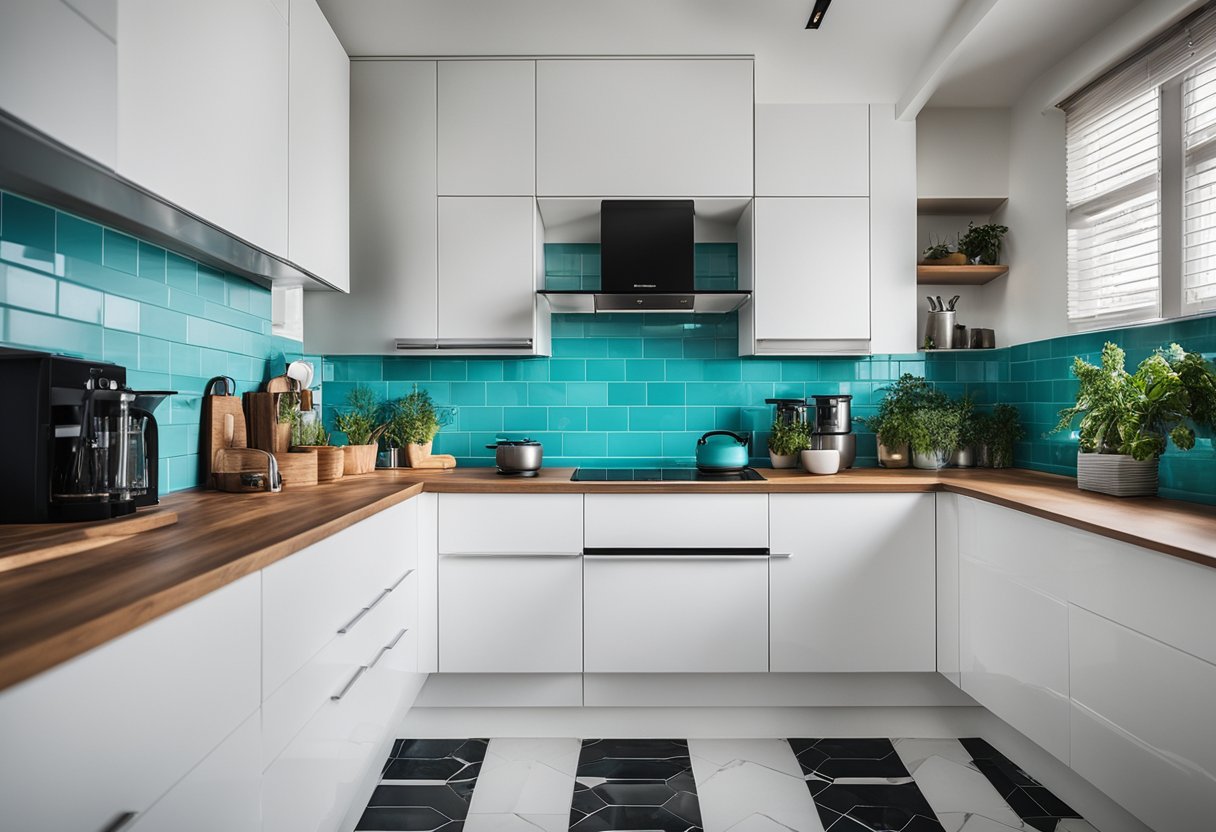 A modern kitchen with white subway tiles arranged in a herringbone pattern, contrasting with dark grout. A pop of color is added with a few vibrant turquoise tiles scattered throughout the design
