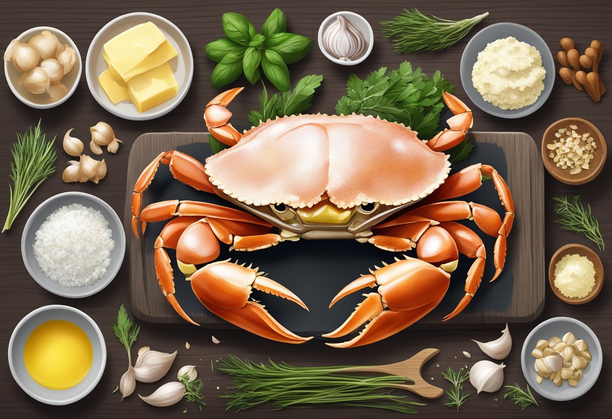 A crab being prepared for a recipe, surrounded by ingredients like garlic, butter, and herbs, on a cutting board