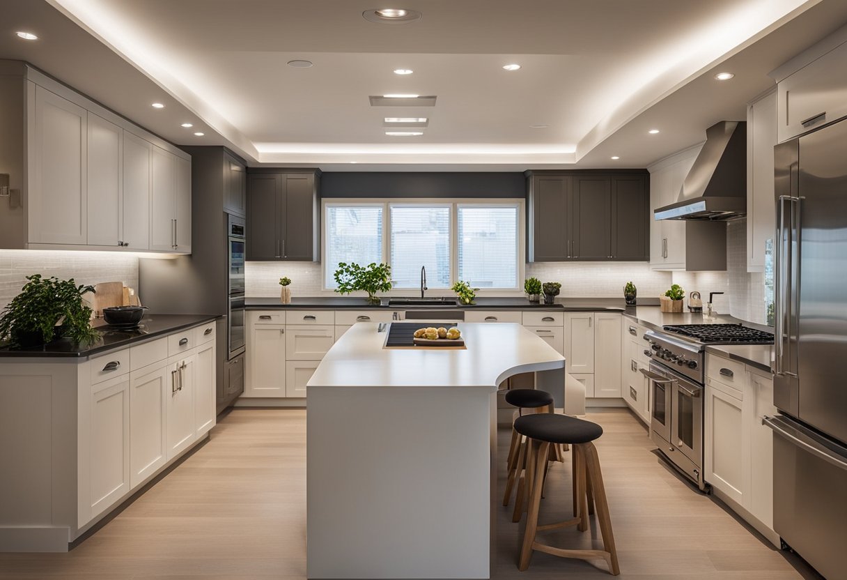 A kitchen with recessed lighting installed in the ceiling, evenly spaced and angled to illuminate the countertops and work areas