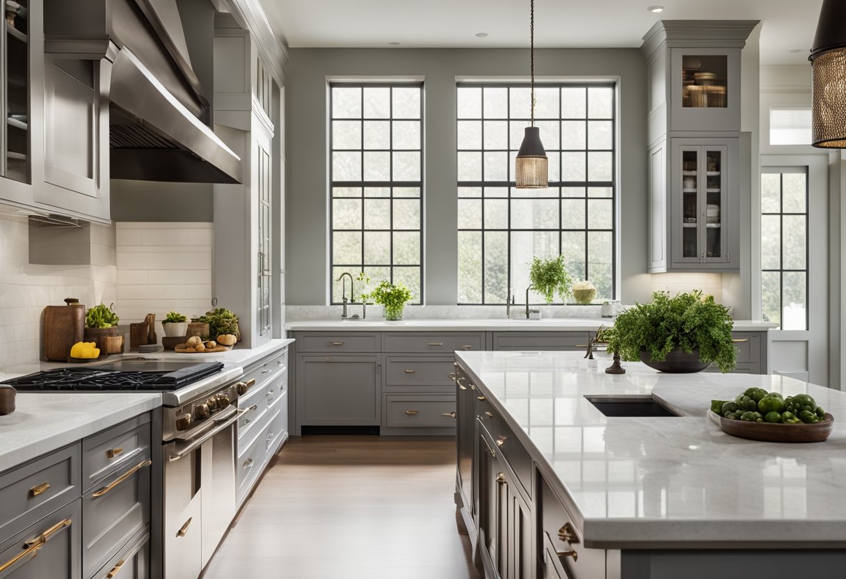 A modern traditional kitchen with sleek cabinetry, marble countertops, and stainless steel appliances. A large farmhouse sink sits beneath a window, while a central island provides additional workspace and seating