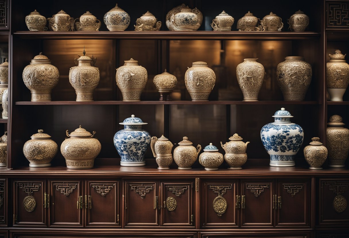 A traditional Chinese antique furniture shop in Singapore with ornate wooden cabinets, intricate carvings, and delicate porcelain vases on display