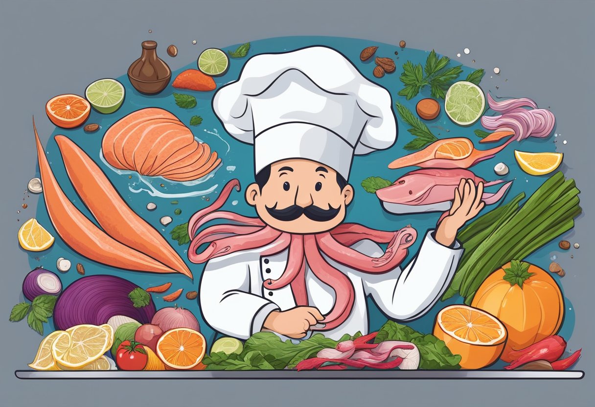 A chef expertly slices fresh giant squid, surrounded by a colorful array of ingredients and spices, ready to create the perfect squid dish