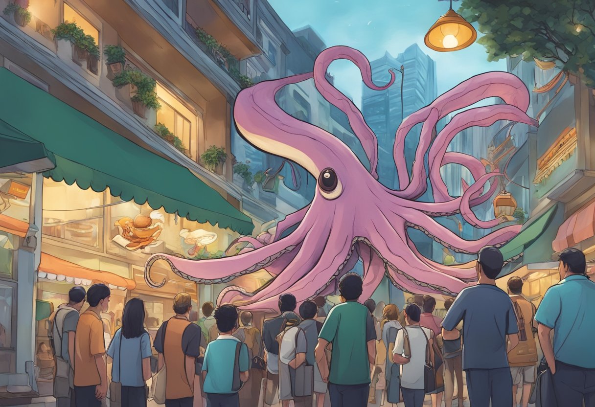 A giant squid hovers over a bustling Singapore street, surrounded by curious onlookers. A chef holds a recipe book, eager to cook the elusive creature