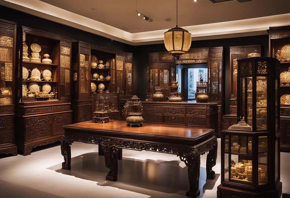 A room filled with ornate Chinese antique furniture, intricately carved from dark wood, displayed in a Singaporean gallery