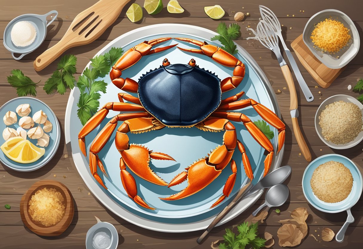 A variety of crabs arranged on a clean, wooden surface, surrounded by various kitchen utensils and ingredients for preparing crab recipes