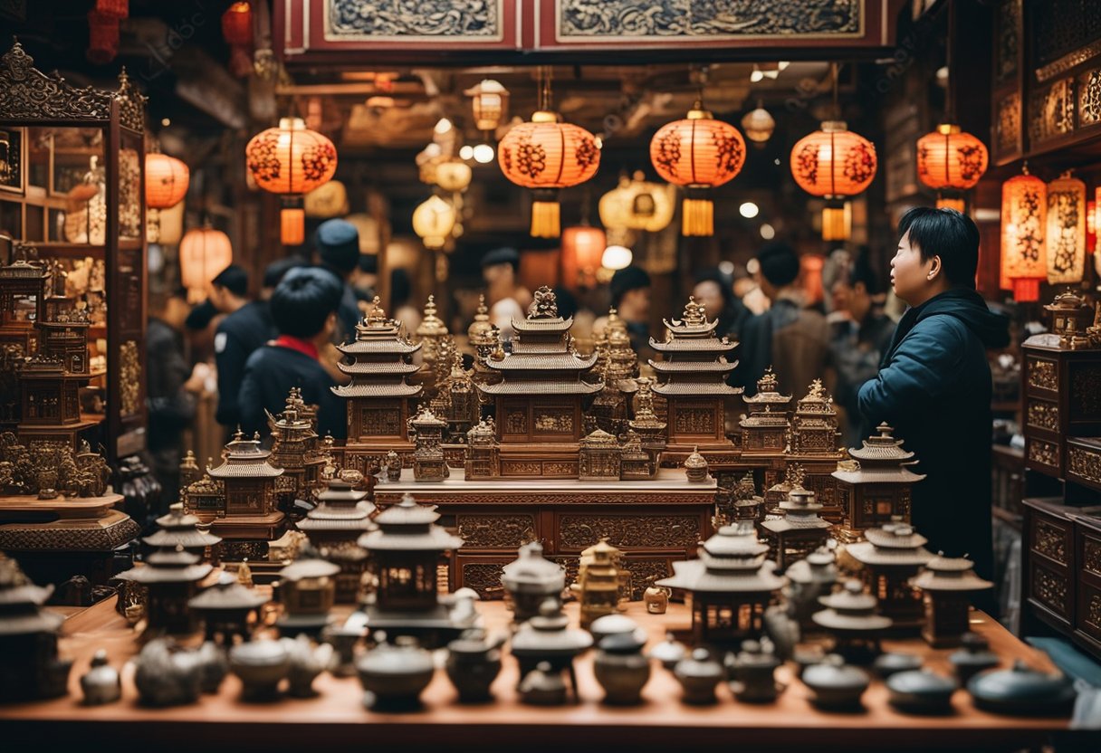 A bustling market filled with ornate Chinese antique furniture, vibrant colors, and intricate carvings, surrounded by eager shoppers and curious onlookers