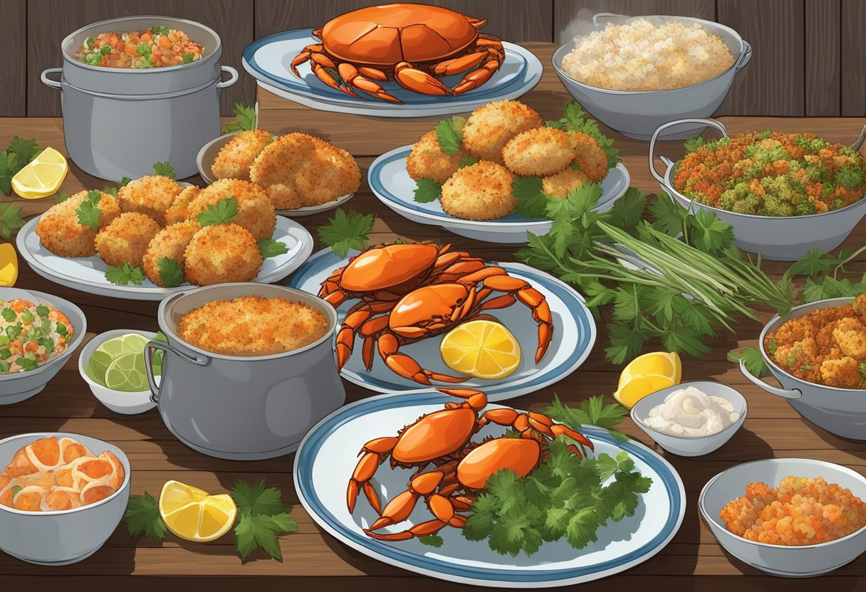 A colorful array of crab dishes arranged on a wooden table, surrounded by fresh herbs and spices. Steam rises from a succulent crab boil, while a platter of crab cakes glistens in the soft lighting
