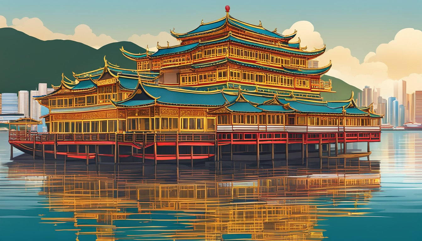 The iconic Jumbo Floating Restaurant in Hong Kong sits majestically on the water, adorned with traditional Chinese architecture and vibrant red and gold colors