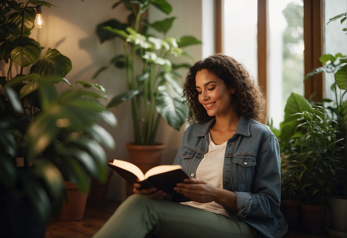 Daily Affirmations For Women: A serene woman sits in a cozy corner, surrounded by plants and soft lighting. She holds a journal, writing daily affirmations with a peaceful smile