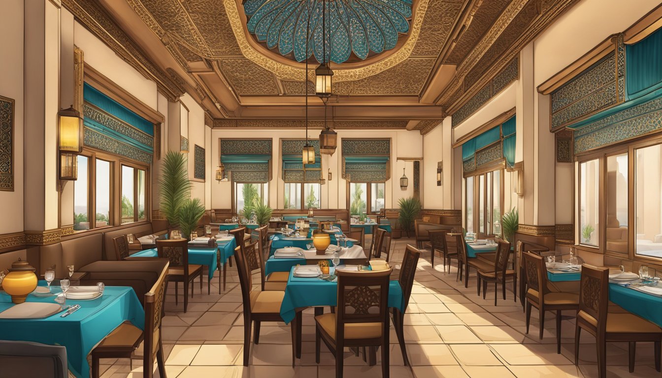 The Al Jasra restaurant is a cozy, traditional Middle Eastern eatery with ornate decor and a warm, inviting ambiance