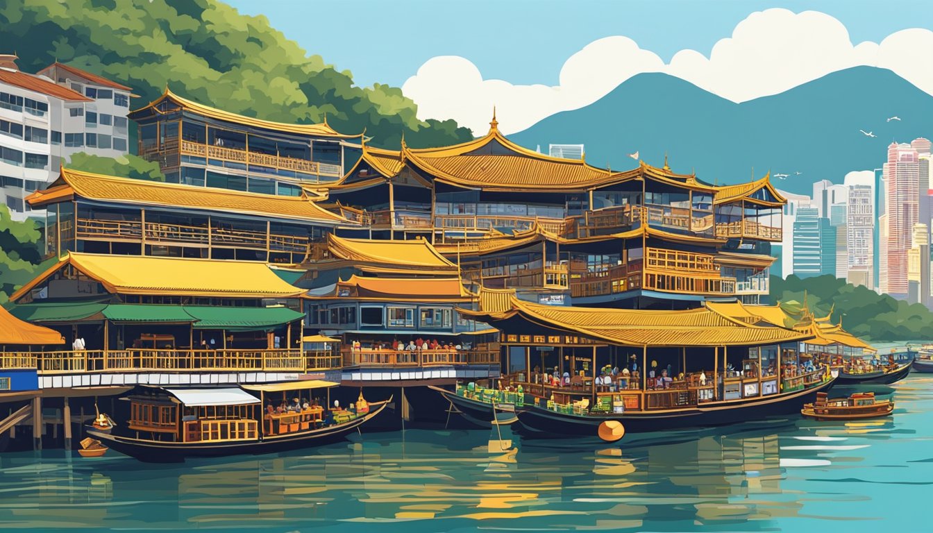 The iconic Jumbo Floating Restaurant in Hong Kong, bustling with tourists and locals, sits majestically on the water, surrounded by traditional fishing boats and modern yachts