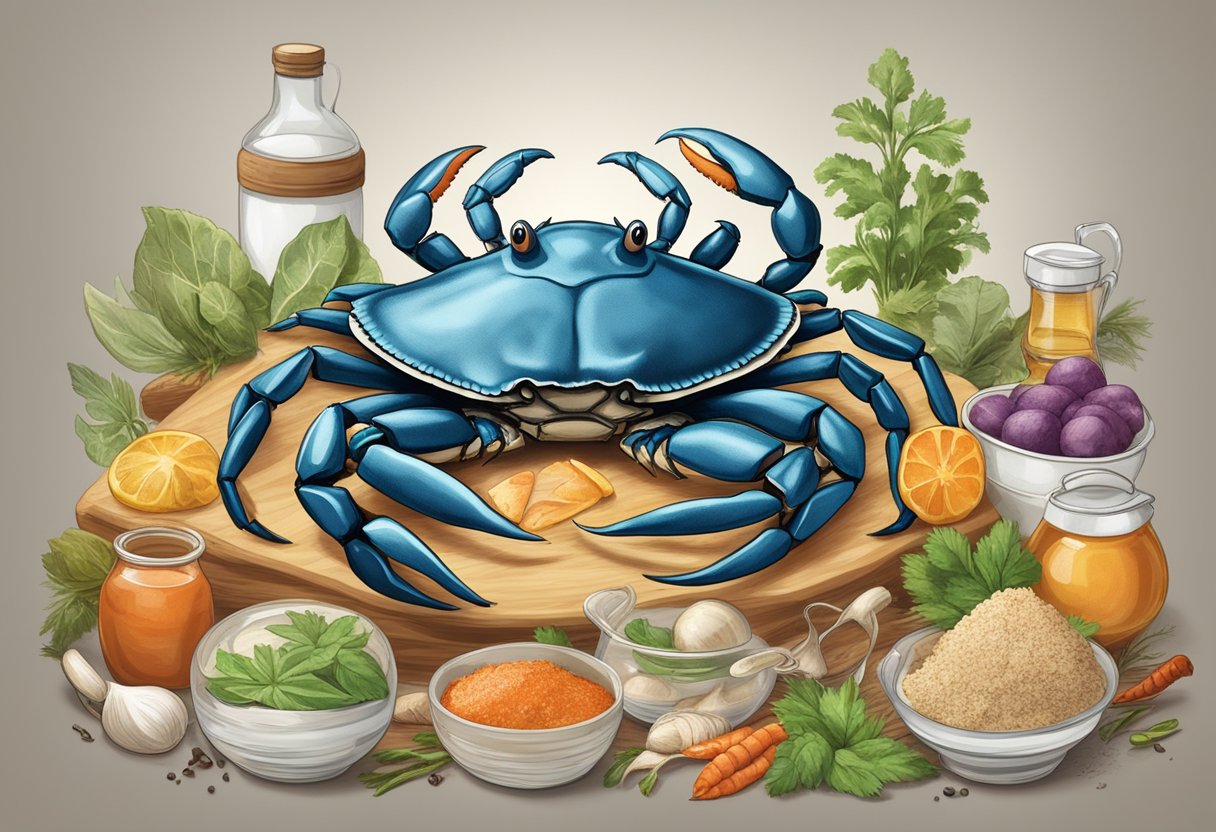 A crab surrounded by various ingredients and cooking utensils, with a sign reading "Frequently Asked Questions crab recipes" in the background