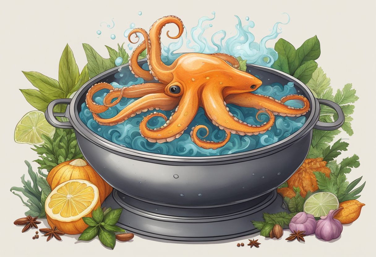 A giant squid suspended in a bubbling cauldron, surrounded by exotic spices and herbs, with steam rising from the pot