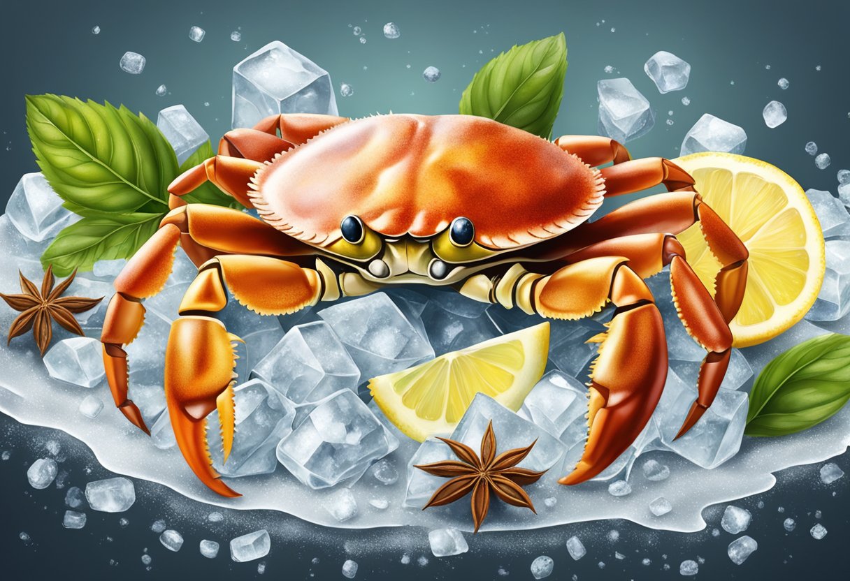 A crab frozen in ice, surrounded by herbs and spices, with a lemon slice on the side