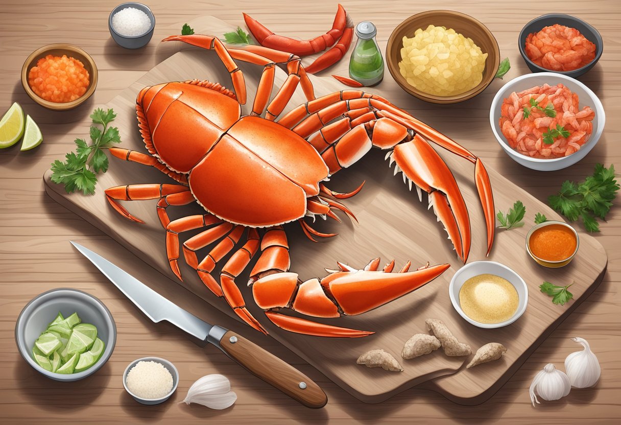 A chef lays out frozen crab legs on a cutting board, surrounded by ingredients for a crab recipe