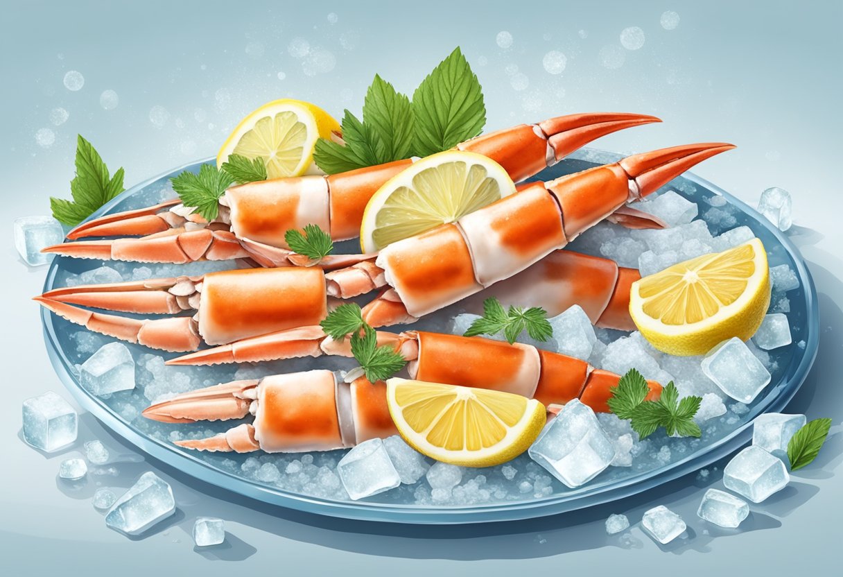 A plate of frozen crab legs is arranged with lemon wedges and herbs, surrounded by a bed of ice