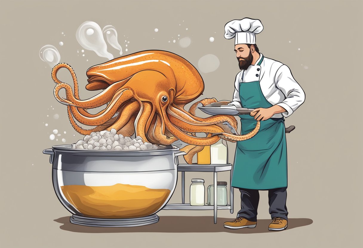 A chef mixes ingredients for a giant squid recipe
