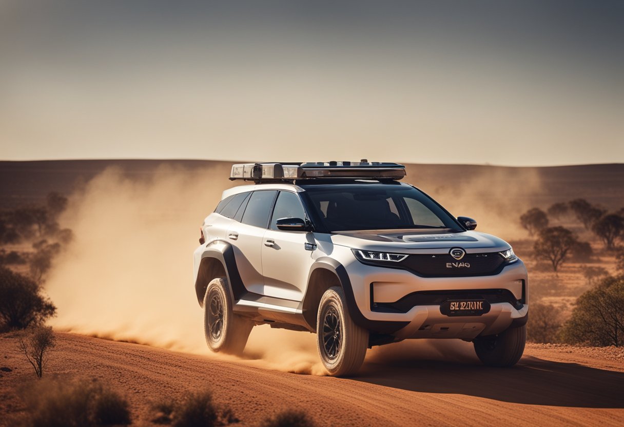 The Enyaq EV Endurance drives through the rugged Australian Outback, kicking up dust as it navigates the challenging terrain