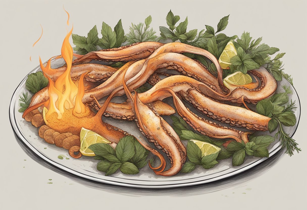 Giant squid being marinated in a mixture of herbs and spices, then grilled over an open flame until charred and tender