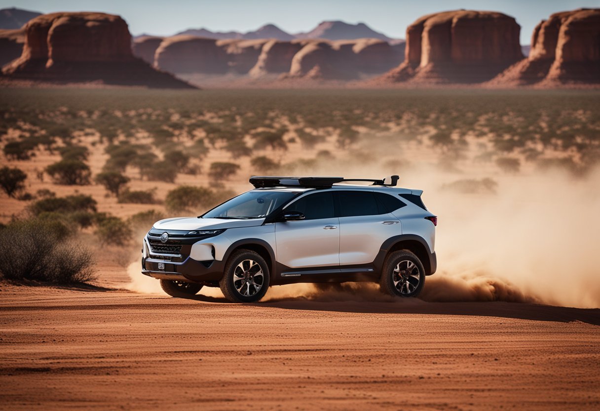 The Enyaq Endurance EV drives through dusty outback terrain, with red dirt and rugged landscapes in the background. The vehicle's sleek design and durable features are highlighted as it navigates through challenging conditions