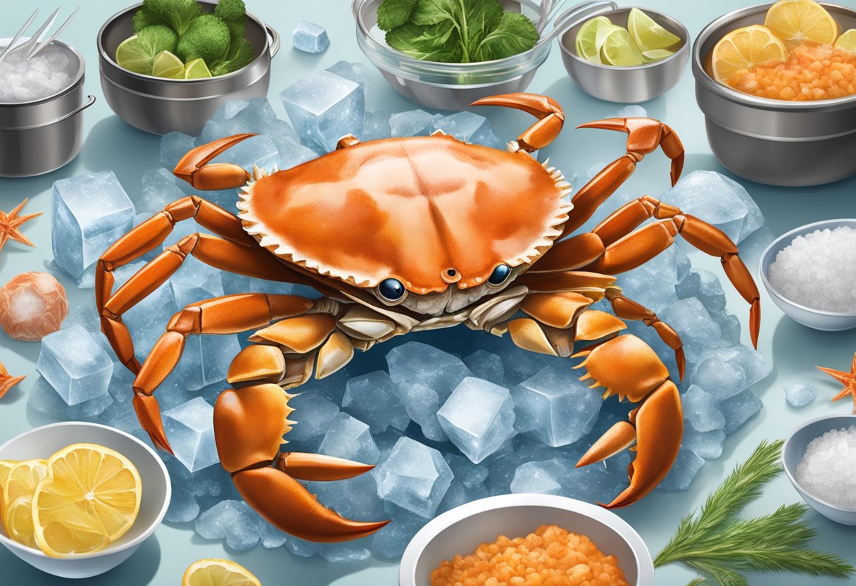 A crab frozen in ice, surrounded by ingredients and cooking utensils, with a FAQ list in the background