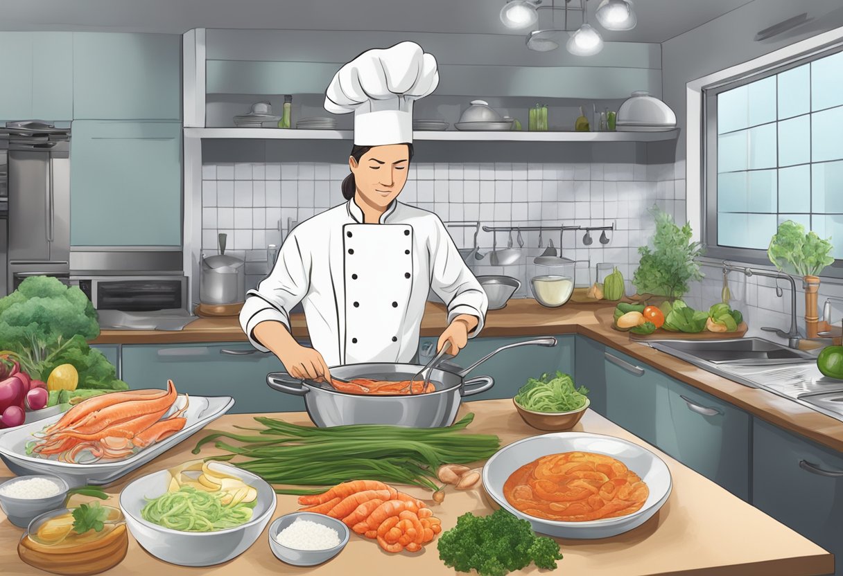 A chef preparing a giant squid dish with ingredients and cooking utensils on a kitchen counter