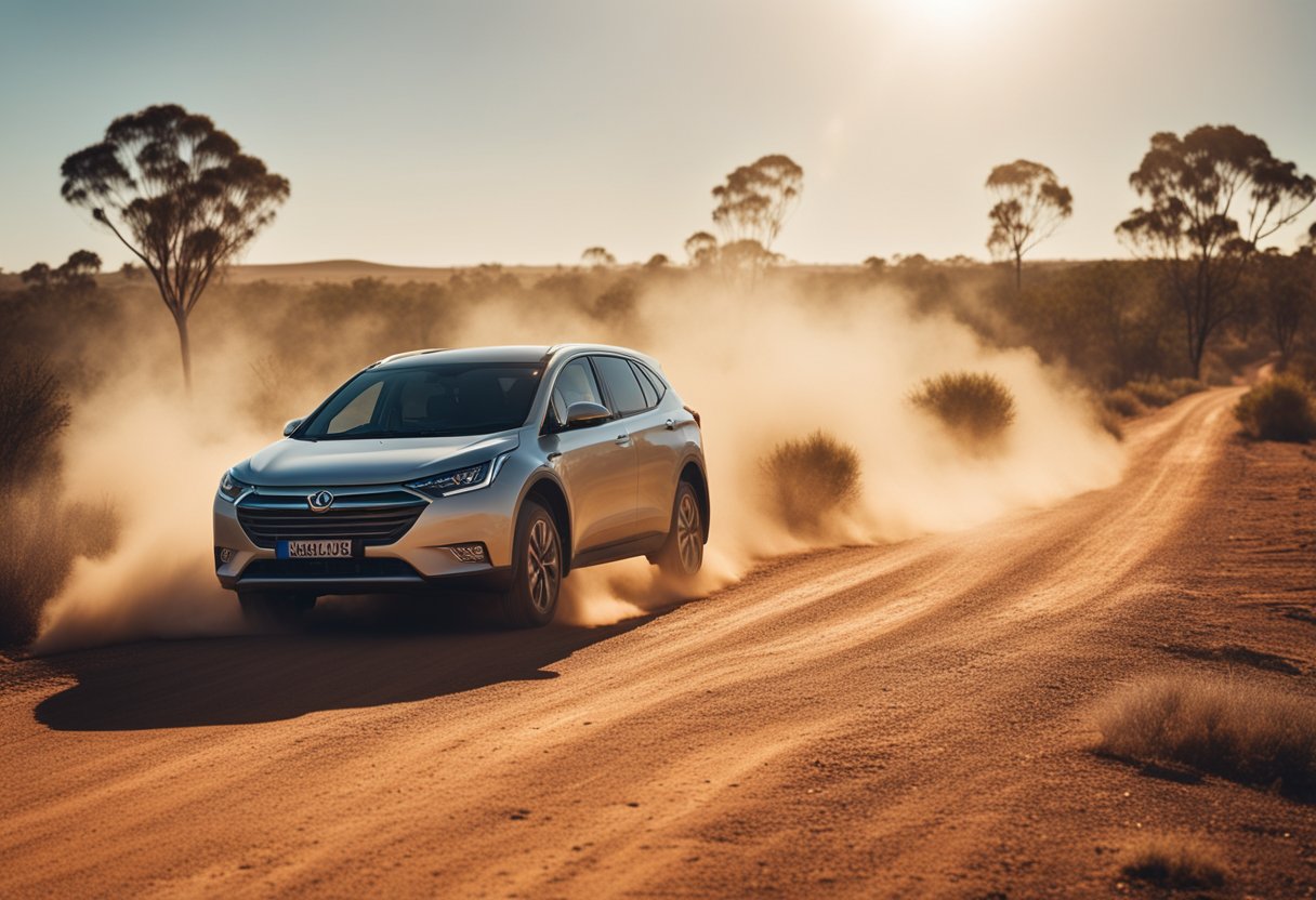 Enyaq EV driving through blistering Australian Outback, sun beating down, dust swirling, temperature soaring