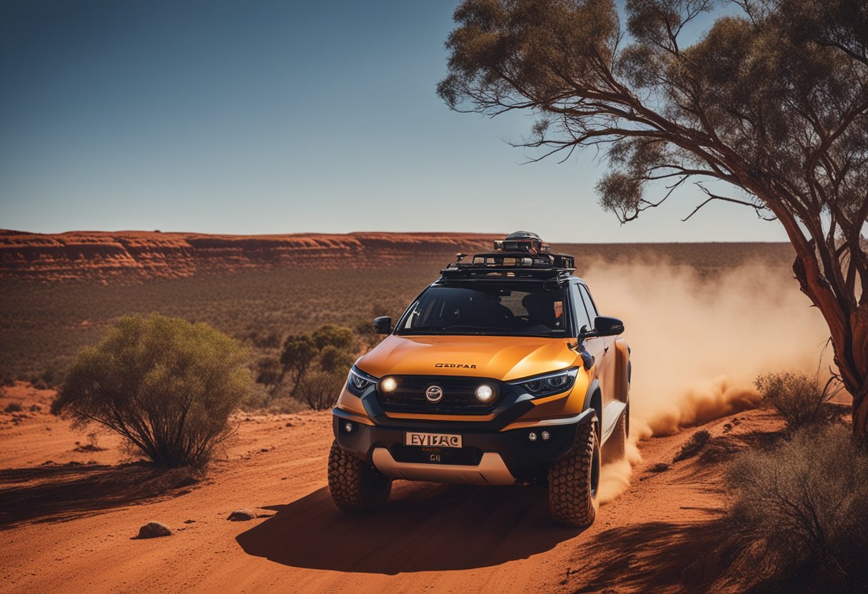 The Enyaq Endurance EV drives through the rugged Australian Outback, surrounded by red dirt and sparse vegetation, testing its navigation and connectivity features