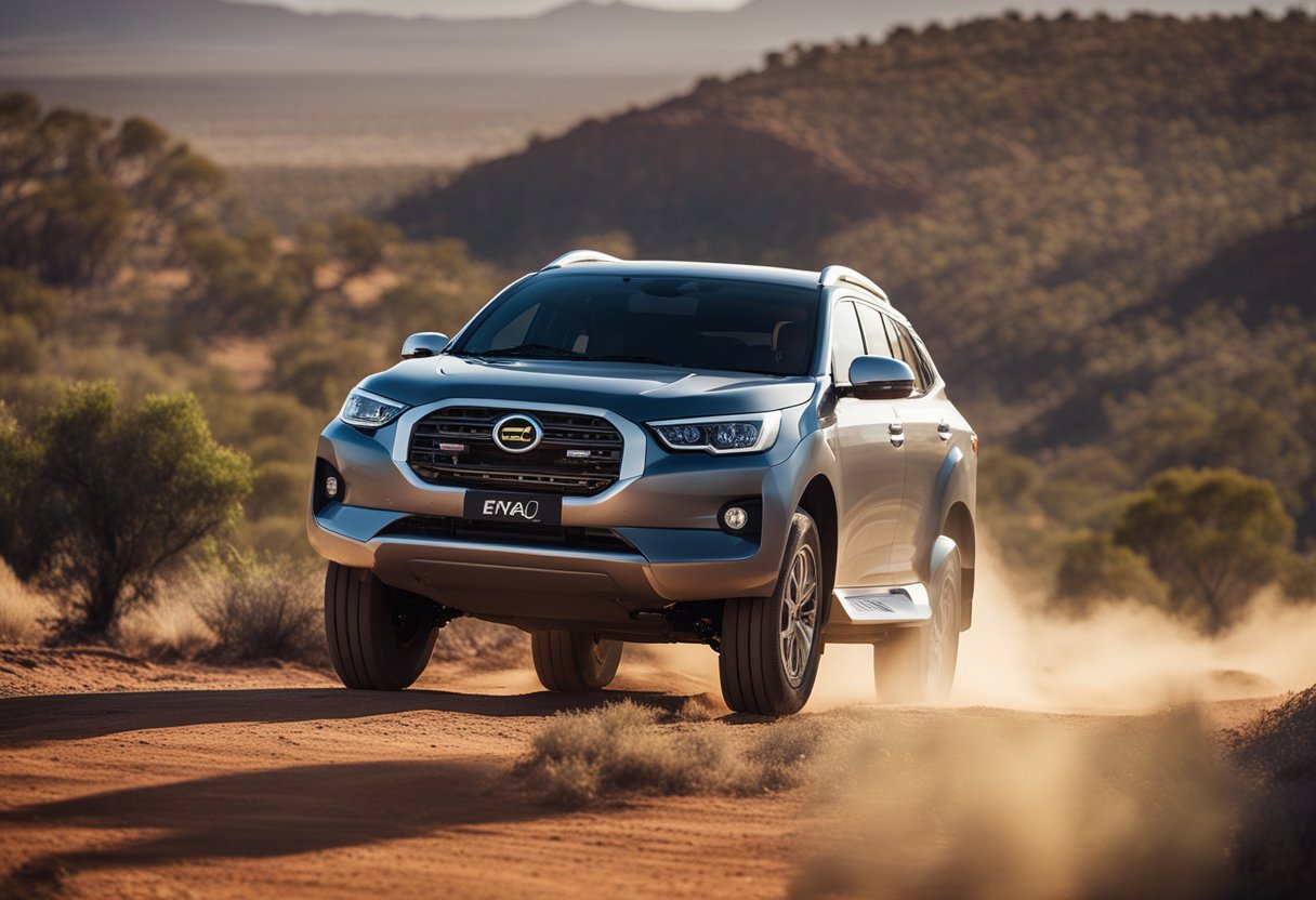 The Enyaq Endurance EV drives through rugged Australian Outback terrain, showcasing its durability and safety features in action