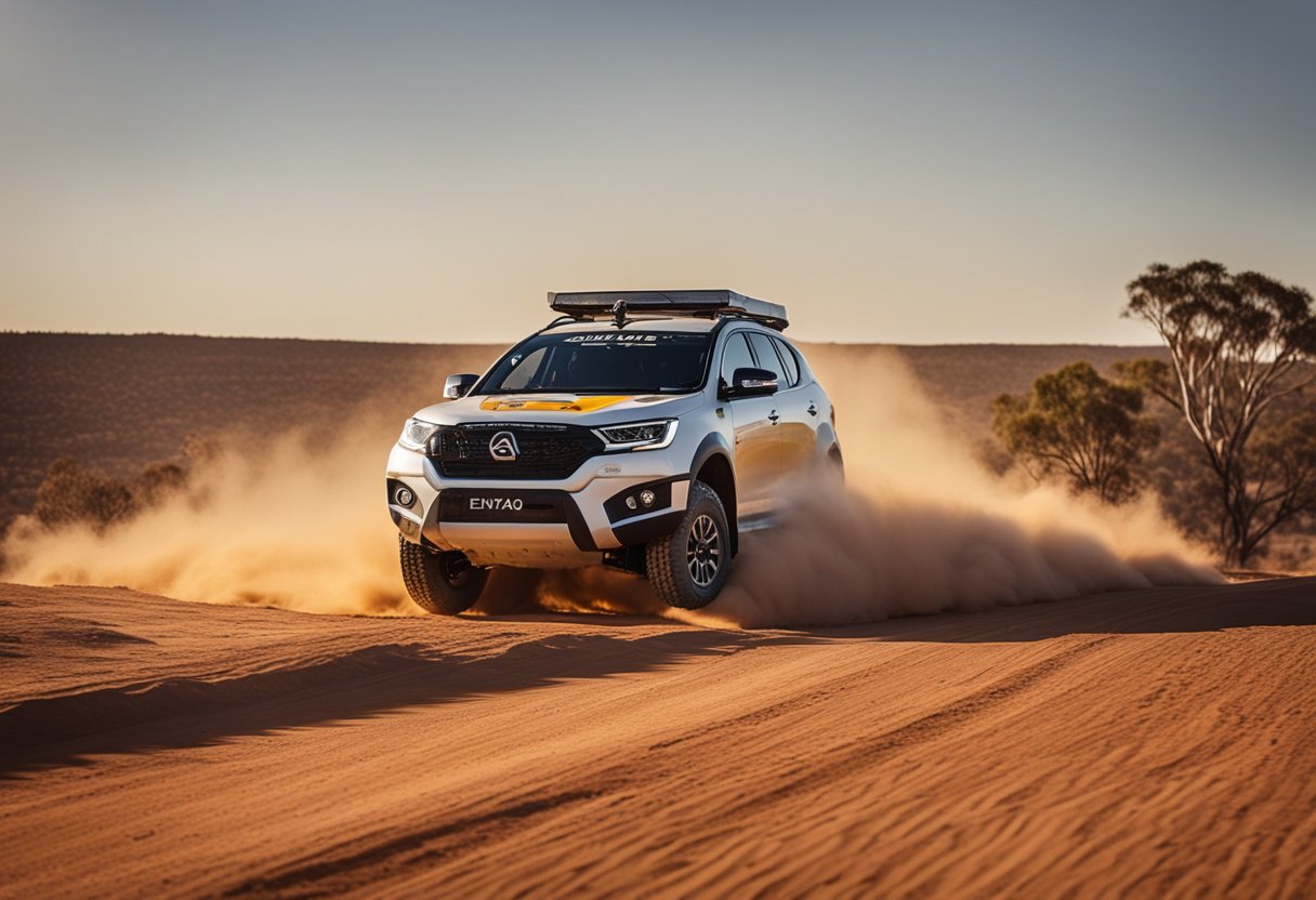 The Enyaq Endurance EV drives through the rugged Australian Outback, kicking up dust as it tackles challenging terrain and extreme weather conditions