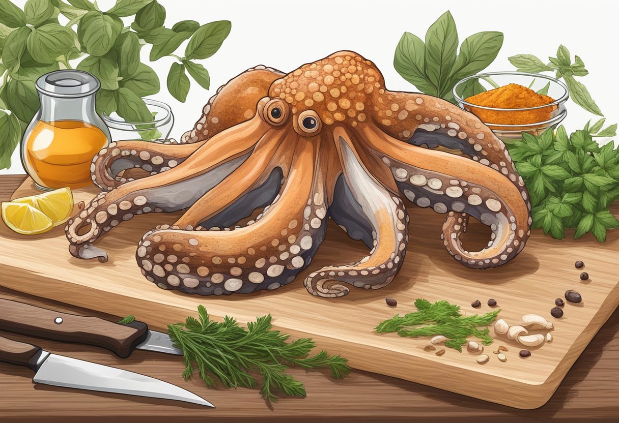 An octopus and squid are arranged on a wooden cutting board surrounded by fresh herbs and spices. A chef's knife is poised to begin the preparation process