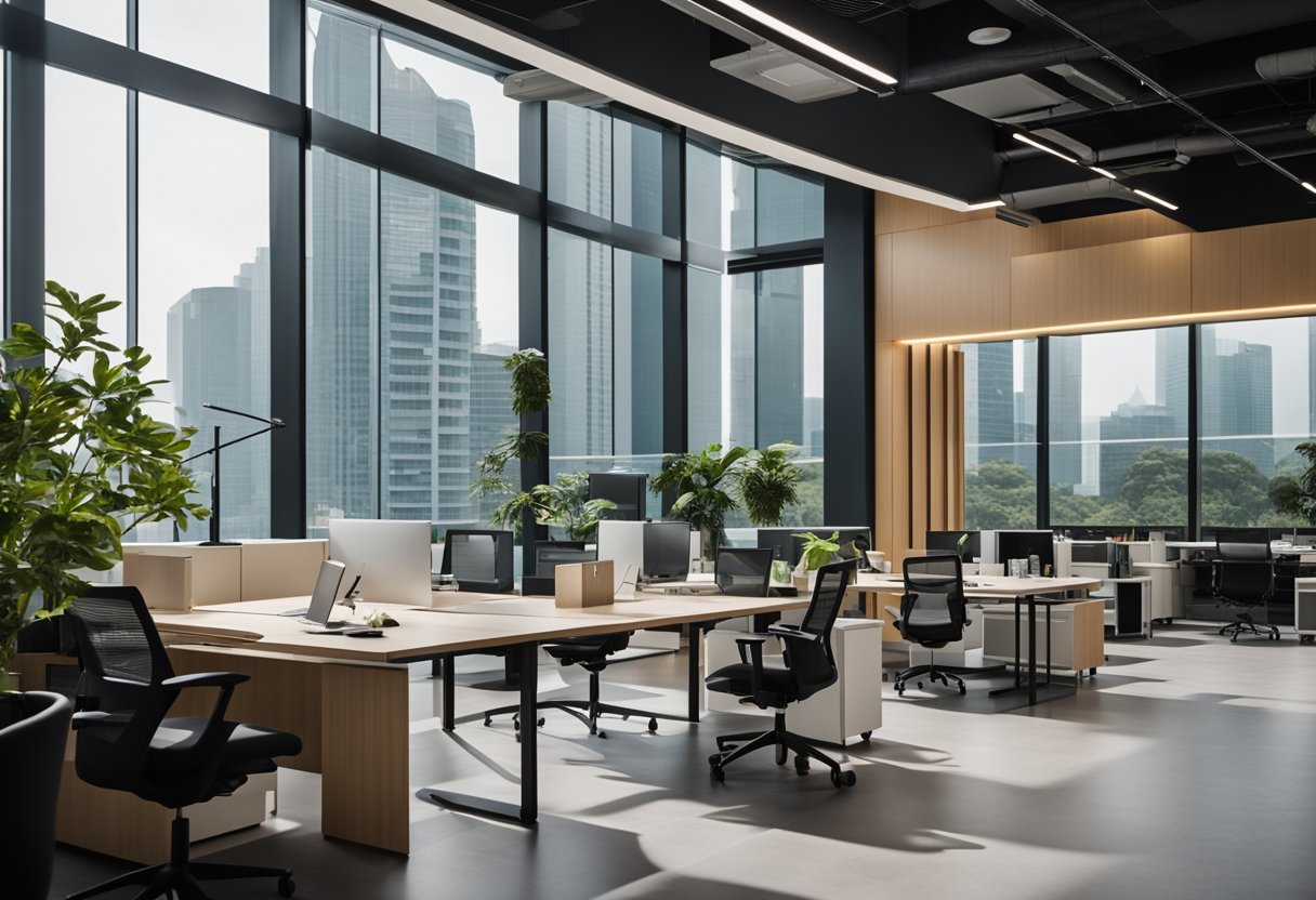 A modern office space in Singapore, featuring sleek and stylish commercial furniture arranged in a functional and aesthetically pleasing layout