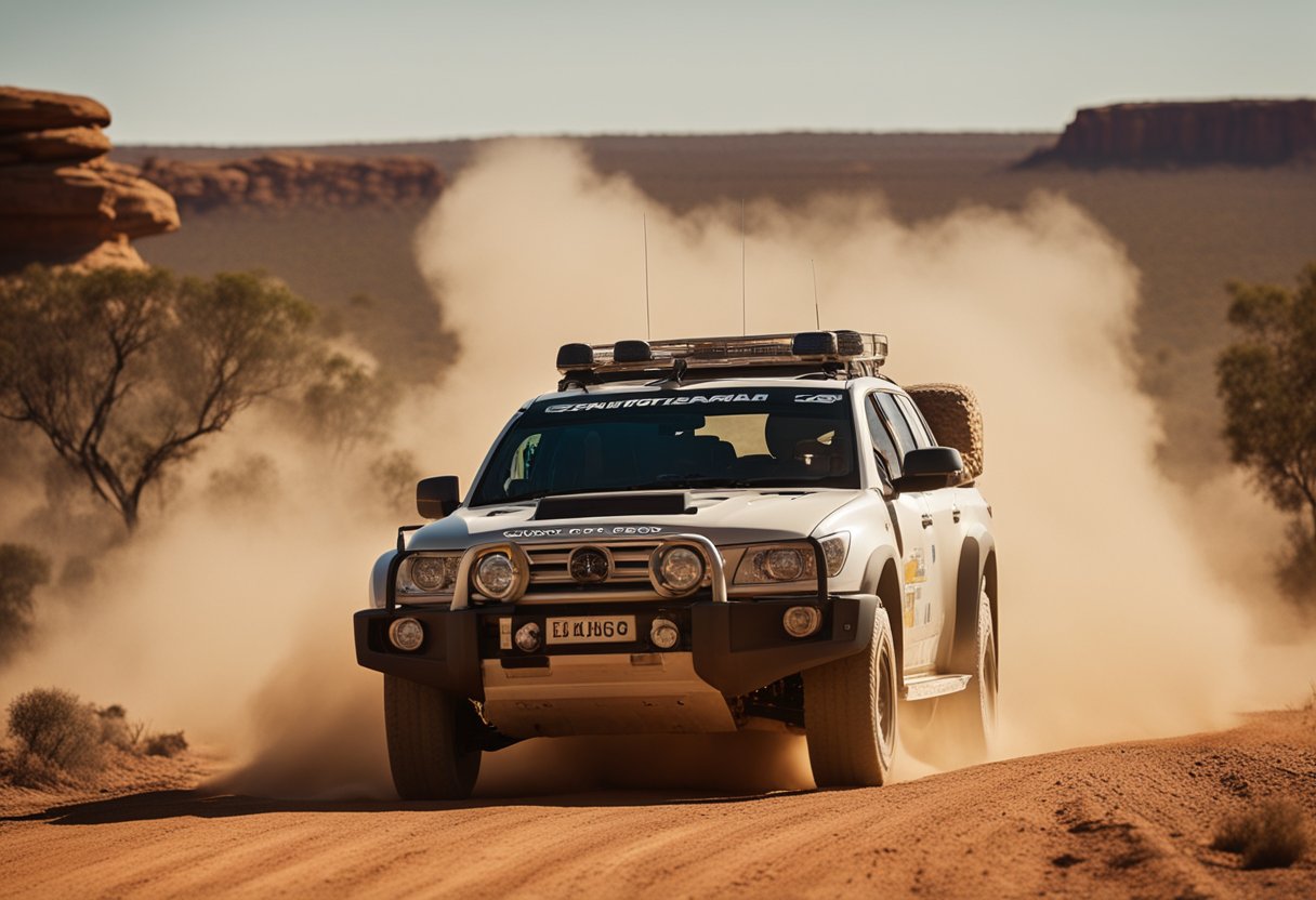 The Enyaq Endurance drives through the rugged Australian Outback, kicking up dust as it navigates rocky terrain under a blazing sun