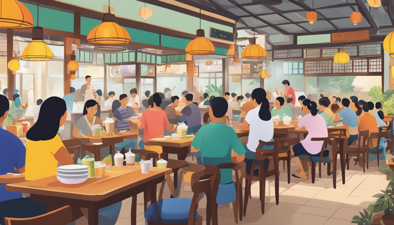 A bustling Kampong Chai Chee restaurant, filled with colorful tables, steaming dishes, and happy patrons