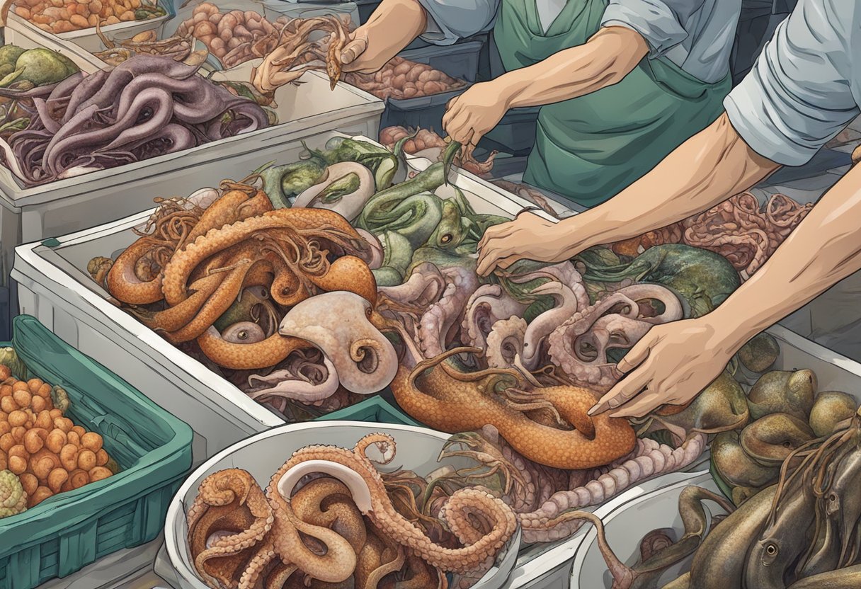 An arm reaching for fresh octopus and squid at a bustling seafood market