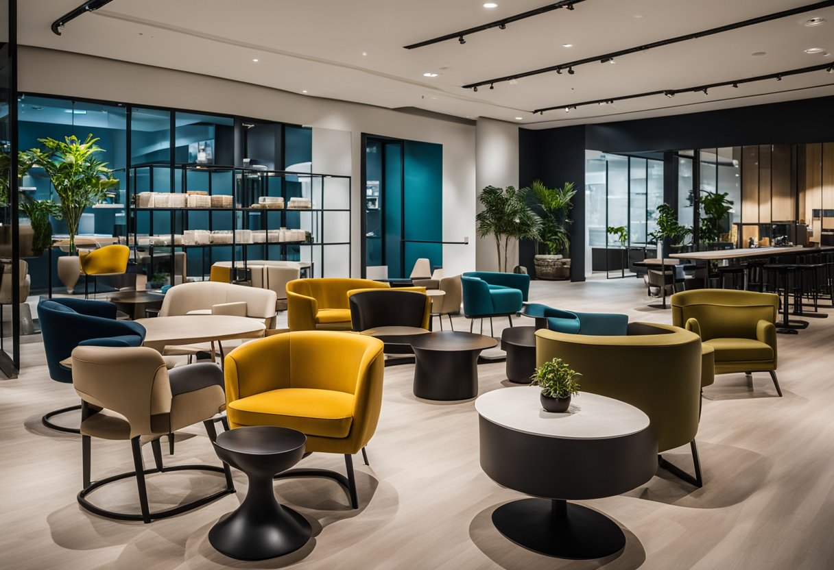 A bustling showroom in Singapore showcases modern commercial furniture, with sleek designs and vibrant colors. Various pieces are displayed, including desks, chairs, and tables, creating an inviting and professional atmosphere
