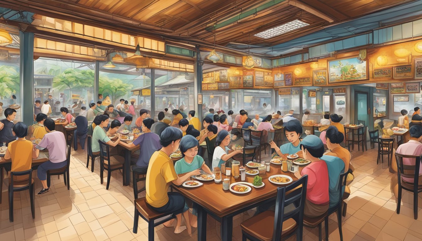 The bustling Kampong Chai Chee restaurant, filled with diners and staff, exudes a lively and welcoming atmosphere. The aroma of sizzling dishes and the clinking of cutlery create a vibrant dining experience