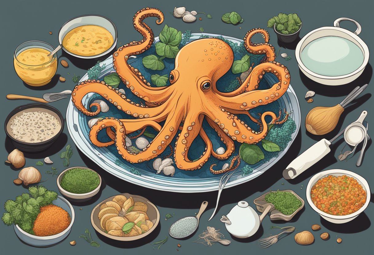 An octopus and squid surrounded by cooking ingredients and utensils, with a "Frequently Asked Questions" banner above