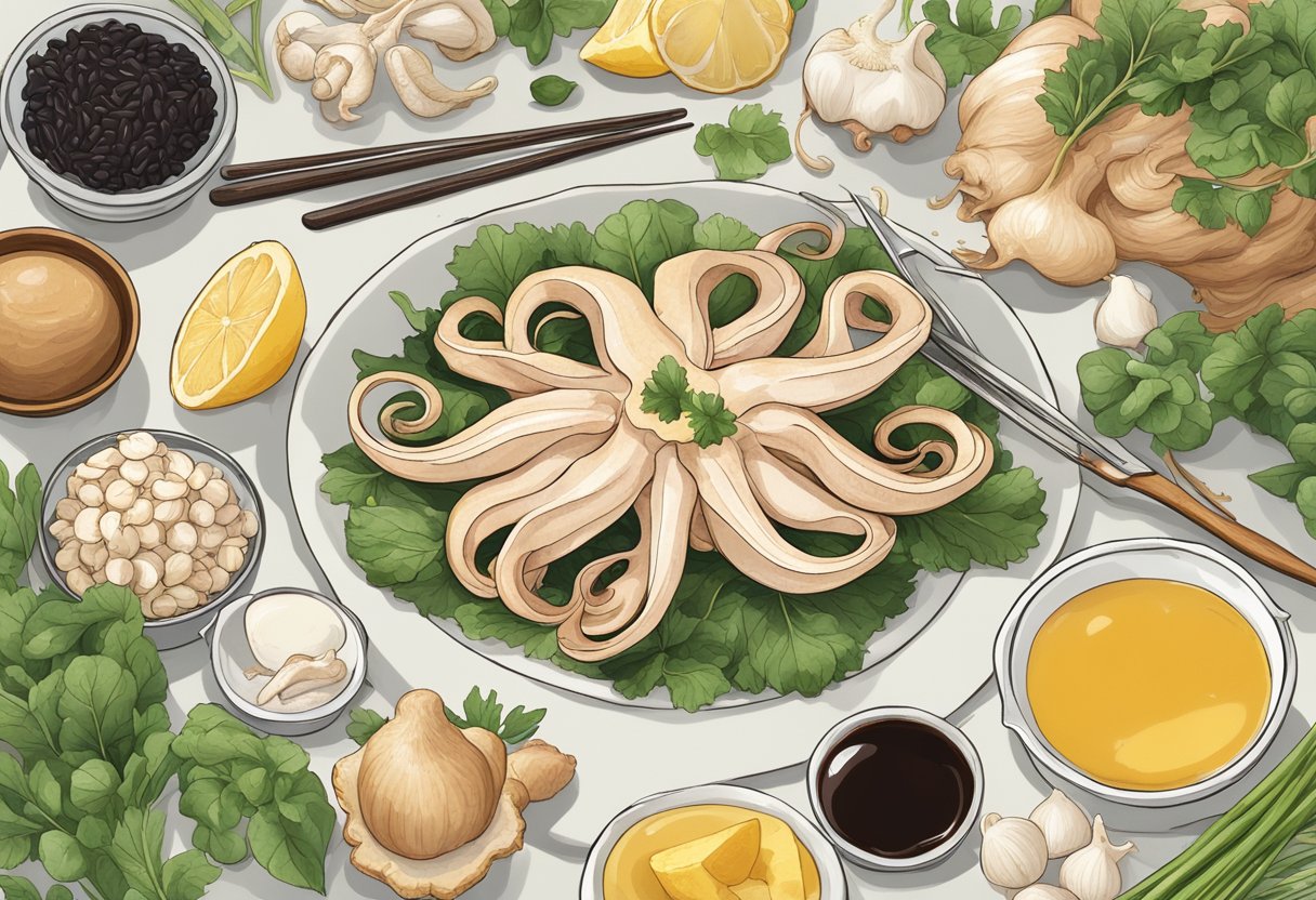 A squid being sliced into flower-like shapes, surrounded by ingredients like garlic, ginger, and soy sauce