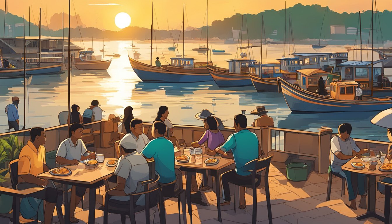 Customers savoring fresh seafood at Batam's bustling waterfront restaurant. Colorful fishing boats dot the harbor as the sun sets over the sea