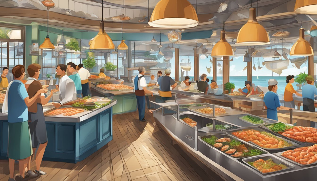 A bustling seafood restaurant with a variety of fresh fish, crabs, and shrimp on display. Customers enjoy a lively atmosphere and delicious seafood dishes