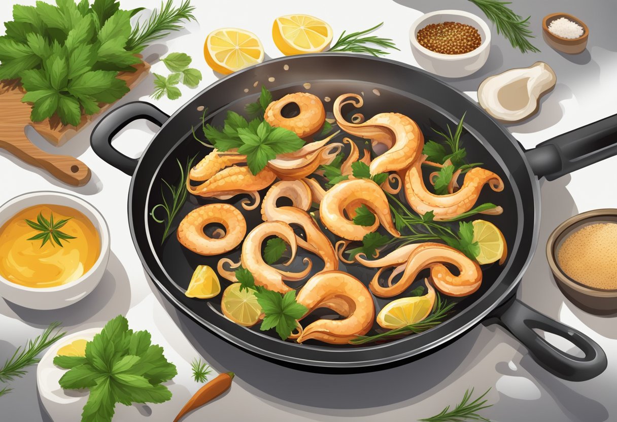Sizzling squid in a hot pan with aromatic herbs and spices, creating a mouthwatering aroma