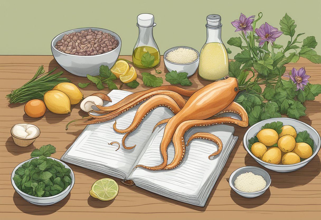 A squid and various ingredients arranged on a kitchen counter, with a recipe book open to the "Frequently Asked Questions squid flower recipe" page