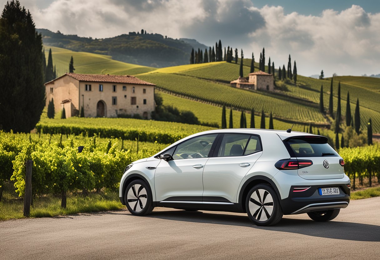 The Volkswagen ID.3 electric car drives through the picturesque rural landscapes of Tuscany, passing by charming villages and vineyards, while seamlessly charging at the compact EV charging stations scattered throughout the region